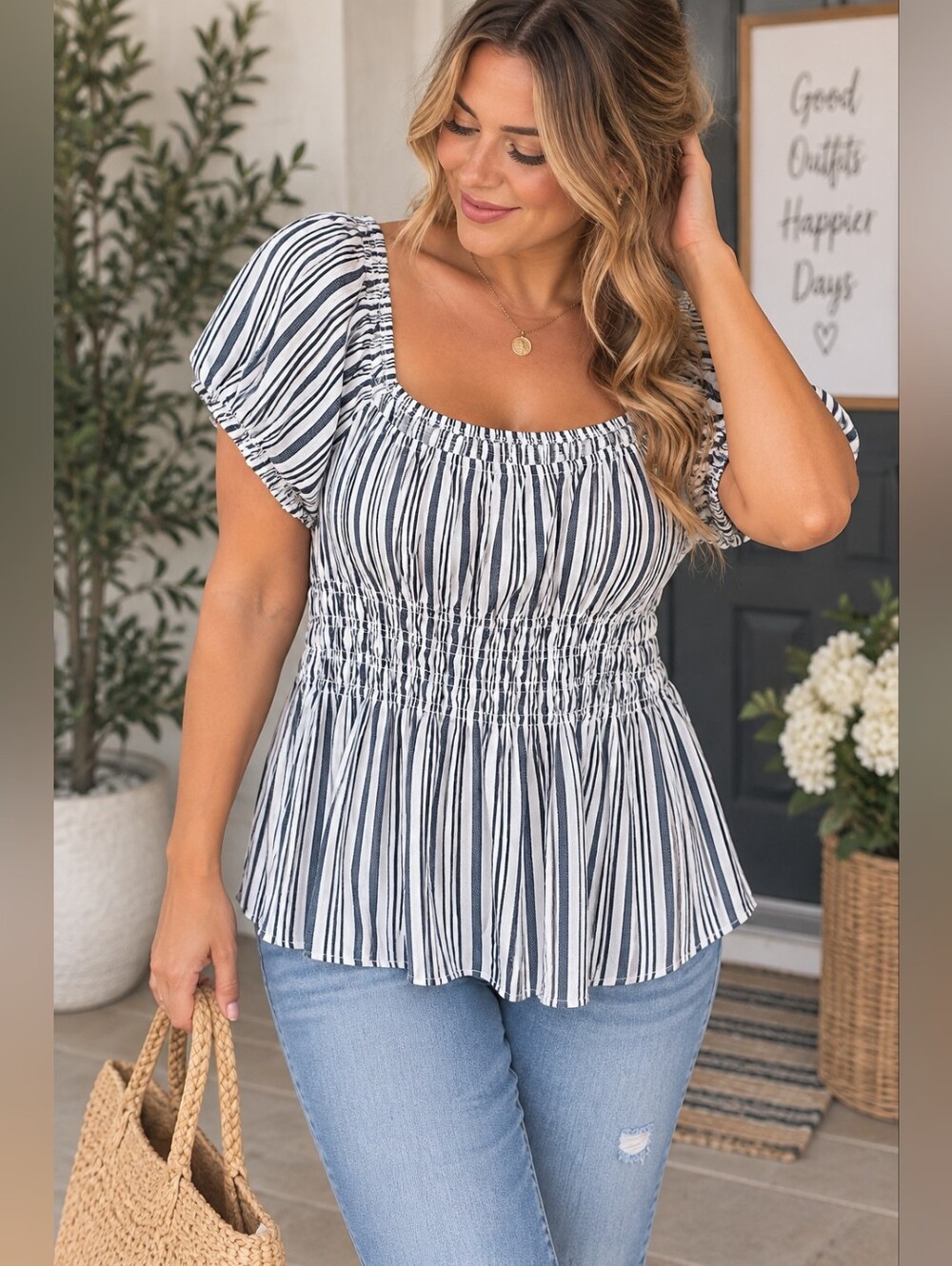 My Style Blue White Striped Smocked Puff Sleeve Blouse